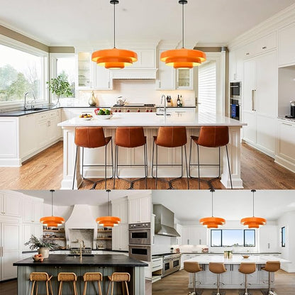 19.7" Large Mid Century Chandelier, 3-Tier Orange Metal Shade Pendant Light, Industrial Adjustable Ceiling Hanging Fixture for Dining Room, Hallway, Bedroom