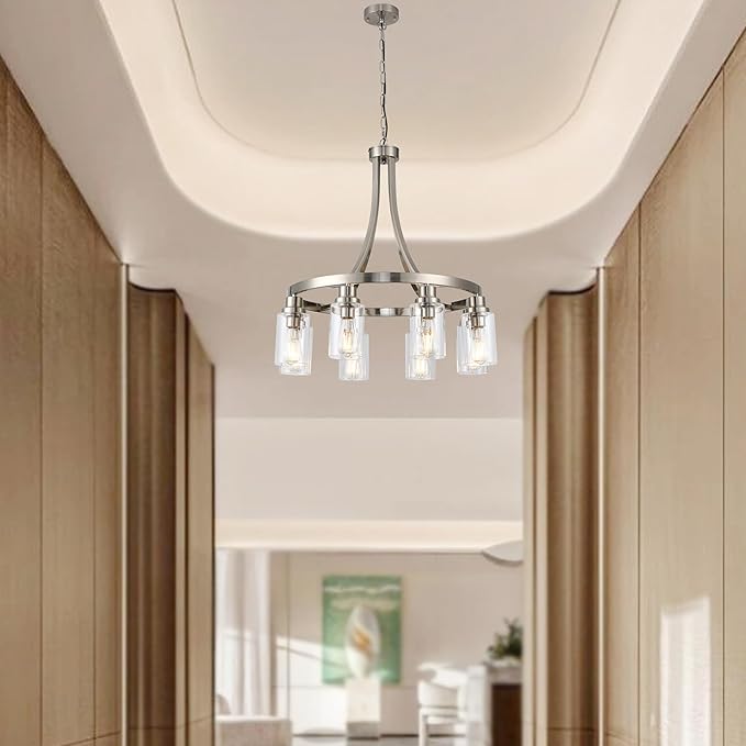 Dining Room Lighting Fixtures Hanging, Brushed Nickel for Kitchen Dining Room Living Room Kitchen Island Linear Pendant 8 Light Chandeliers with Clear Glass Shades