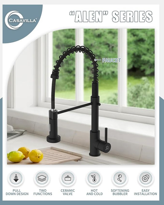 Kitchen Faucet, Black Kitchen Sink Faucets with Pull Down Sprayer, Single Handle Stainless Steel Faucets for Kitchen Sinks, Dual Function Spray Head, Farmhouse Kitchen Faucets