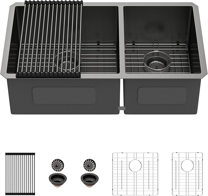 33 Inch Black Undermount Double Sink 16 Gague Stainless Steel Double Undermount Kitchen Sinks 60/40 Large Deep Double Bowl Kitchen Sinks 33"x19"x10"