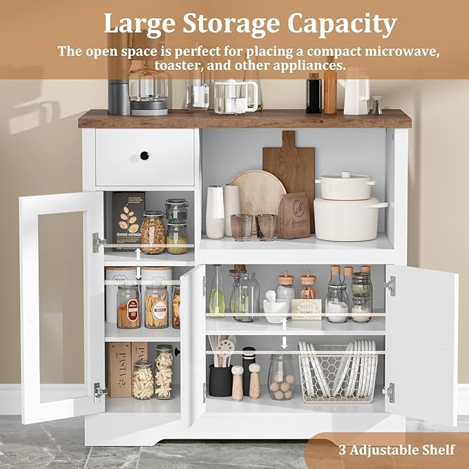 Storage Cabinet with Adjustable Shelves & Microwave Stand, Buffet Sideboard with Drawer, Single and Double Doors for Kitchen, Dining Room, White & Walnut