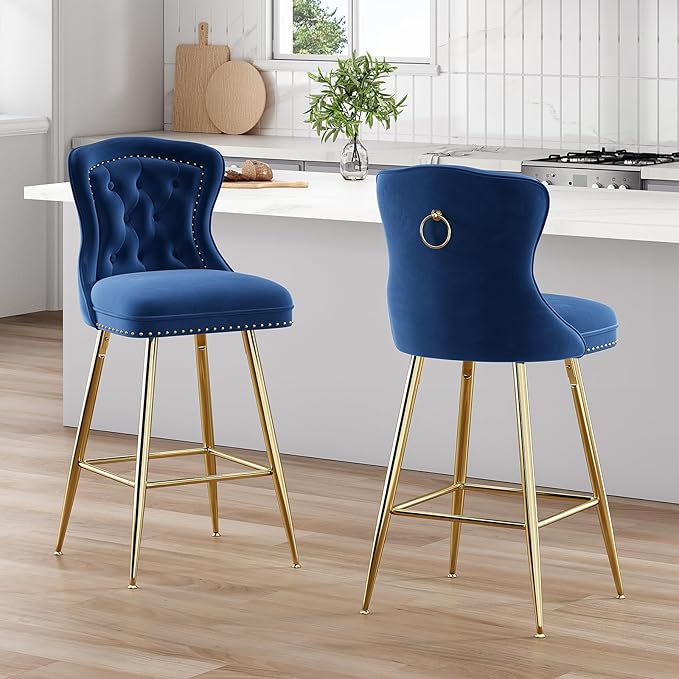Bar Stools Set of 2, Velvet Counter Height Bar Stools with Metal Legs, Button Tufted and Nailheads Trim, Wing Back Bar Chairs for Kitchen Island Dining Room Pub, Blue