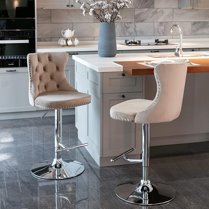 LUMISOL 2 Piece Swivel Velvet Bar Stools, Modern Upholstered Chrome Base Bar Stools with Backs Comfortable Tufted for Home Pub and Kitchen Island, Adjustable Seat Height from 25”-33”, Khaki