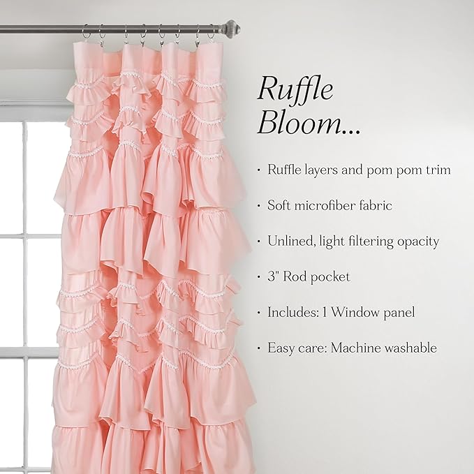 Lush Decor Kemmy Light Filtering Window Curtain Panel Single 52" W x 63" L Peachy Pink - Drapes - Ruffled Curtains for Bedroom - Pink Curtains - Coquette Decor