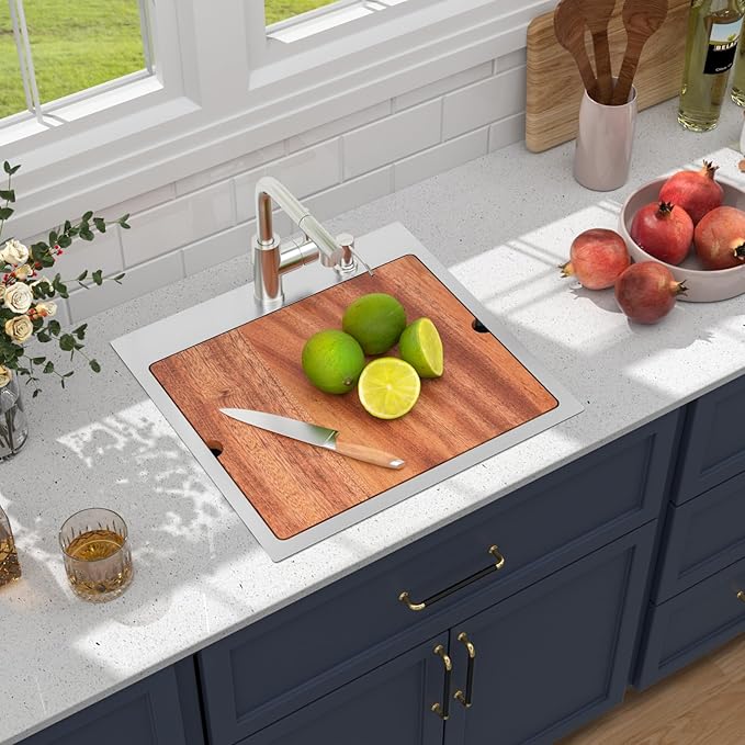 21 Outdoor Kitchen Sink with Faucet- Beslend Drop In Outdoor Bar Sink with Pull-Out Faucet and Cover, 16 Gauge Stainless Steel Kitchen Sinks Workstation Single Bowl Above Counter Indoor Outdoor