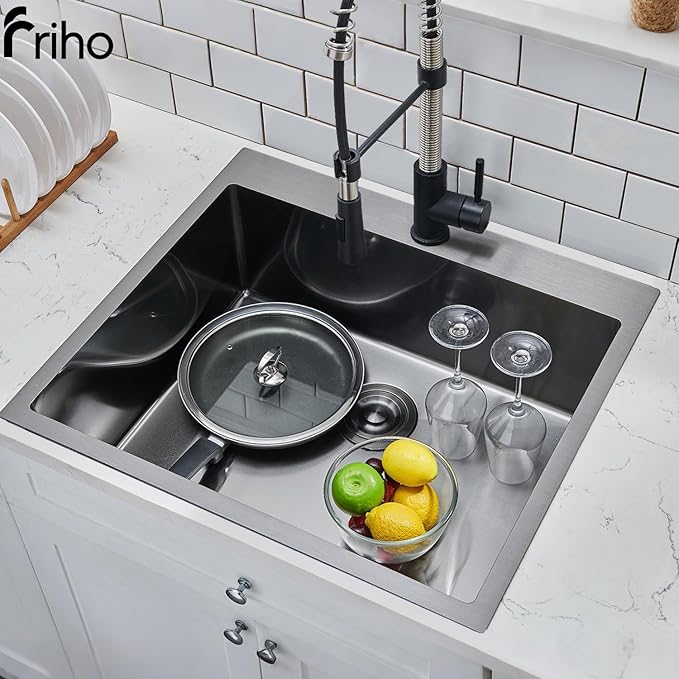 Friho 25x22 Inch Black Drop In Kitchen Sink, Stainless Steel Square RV Laundry Utility Sink, 25 Inch Topmount Deep Small Single Bowl Kitchen Sink
