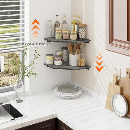 Homode Corner Shelf Wall Mount, Set of 2 Corner Floating Shelves with Cord Hole for TV, Cable Box, Wood Hanging Storage Shelf Organizer for Bathroom Kitchen Living Room Bedroom, Rustic Grey