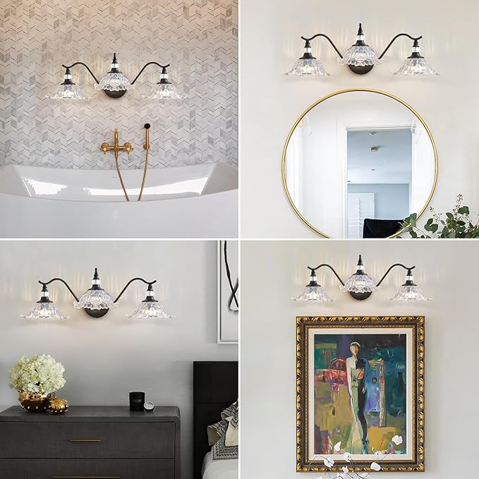 Vintage Bathroom Vanity Light Fixtures - 3 Light Iridescent Flower Glass Antique Matte Black Bathroom Lights Fixture Over Mirror,Retro High End Wall Mounted Vanity Lighting for Bath Powder Room