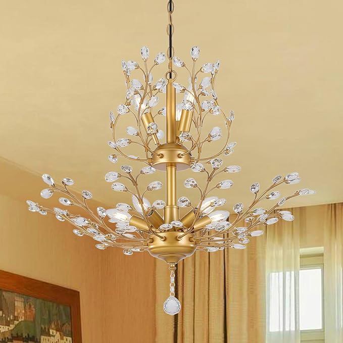Gold Crystal Chandelier, Farmhouse 8-Light Large Branch Pendant Light with Adjustable Chain, 2-Tier Vintage Flower Ceiling Hanging Chandelier for Dining Room, Living Room, Kitchen, Hallway