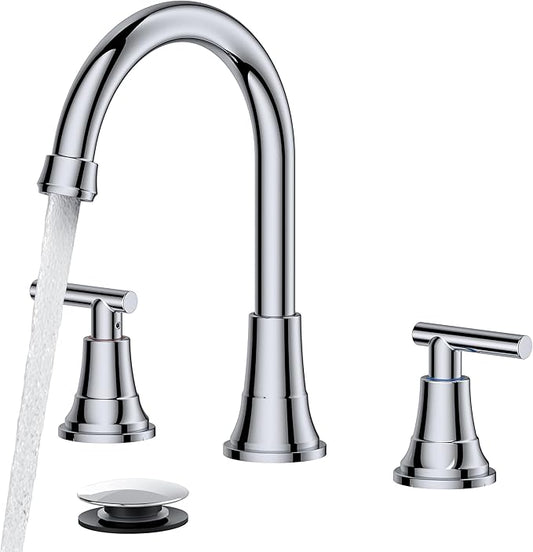 FORIOUS Chrome Bathroom Faucet Vanity 3 Holes, 8 Inch Widespread Polished Chrome Faucet for Bathroom Sink 3 Piece with Pop-up Drain and 360 Degree Swivel Spout, Silver Rv Lavatory Tap