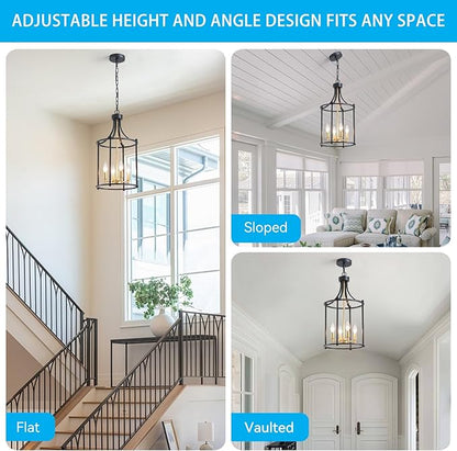 XINGQI Lantern Pendant Light Modern Geometric Hanging Chandelier Black and Gold 4 Lights Adjustable Height Cage Pendant Lighting Fixture for Kitchen Entryway Hallway Foyer