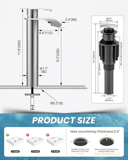 Vessel Sink Faucet Brushed Nickel for Bathroom：WOWOW Single Handle Tall Bathroom Faucet - Waterfall Single Hole Mixer Bar Tap with Large Rectangular Spout, Deck Mount Lavatory Vanity with Pop Up Drain