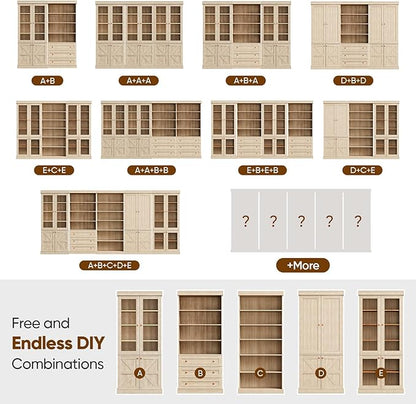 70.8" Farmhouse Kitchen Pantry Cabinet with Glass Doors, Modular Storage Cabinet with 6-Tier Adjustable Shelves, Large Storage Cabinet for Kitchen or Living Room, Set of 4, Brown