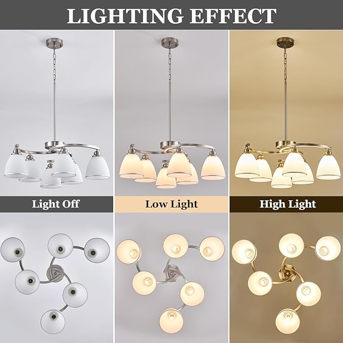 6-Light Brushed Nickel Chandelier Modern Farmhouse Dinner Room Light Fixture with Frosted Glass Lampshade, Rustic Round Adjustable Ceiling Pendant Light for Living Room, Over Table, Kitchen Island