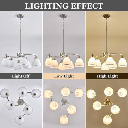 6-Light Brushed Nickel Chandelier Modern Farmhouse Dinner Room Light Fixture with Frosted Glass Lampshade, Rustic Round Adjustable Ceiling Pendant Light for Living Room, Over Table, Kitchen Island