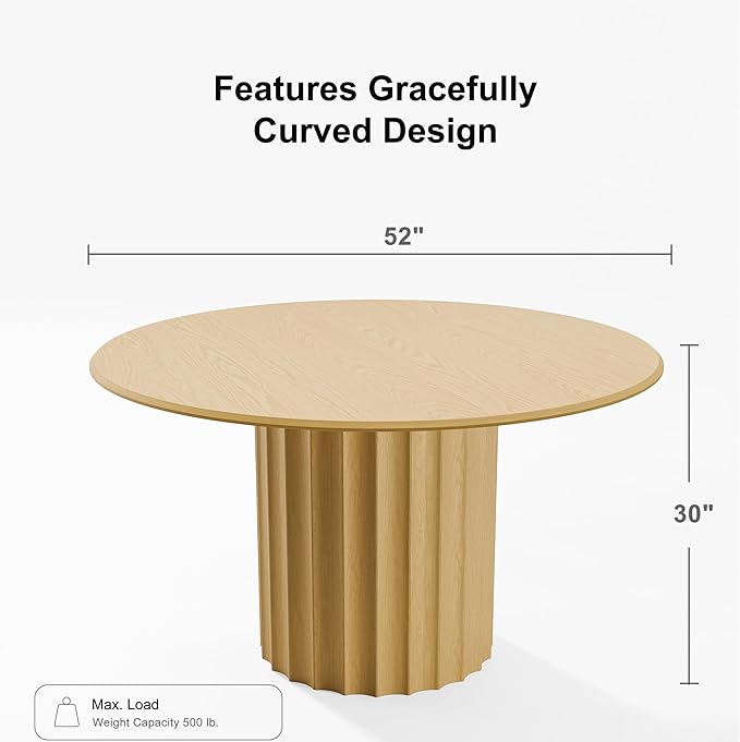 Casaphoria 52" Round Dining Table, Modern Wood Kitchen Table with Cylindrical Wide Bar Concave Base for Living Room & Dining Room, Easy Assembly Farmhouse Furniture for 4-6, Oak
