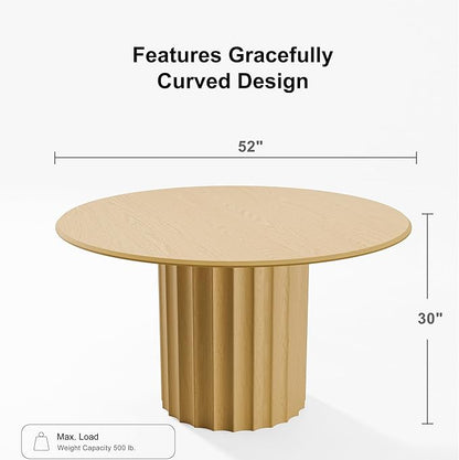 Casaphoria 52" Round Dining Table, Modern Wood Kitchen Table with Cylindrical Wide Bar Concave Base for Living Room & Dining Room, Easy Assembly Farmhouse Furniture for 4-6, Oak