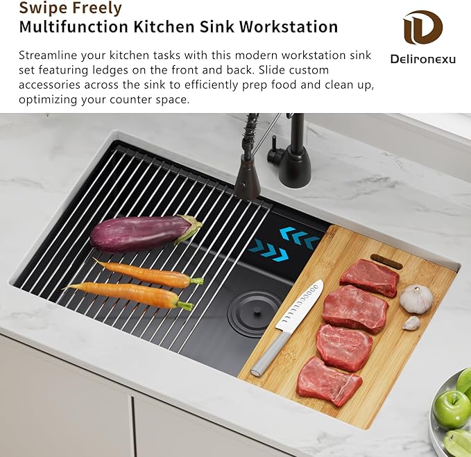 32-Inch Gunmetal Black Undermount Kitchen Sink Workstation - Delironexu 16 Gauge Stainless Steel Deep Single Bowl Kitchen Sinks 32x19x9, Includes Accessories (Pack of 4)