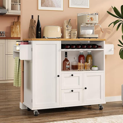 knoworld Rolling Kitchen Island with Storage Cabinet, 41.3'' Width Kitchen Cart with Desktop Drop Leaf Countertop, Portable Mobile Island with Towel Rack, Spice Rack Shelf, White