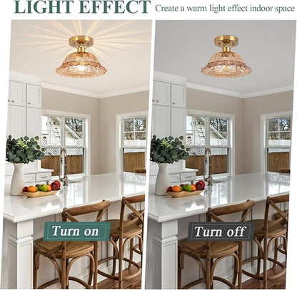 Semi Flush Mount Ceiling Light, Vintage Ceiling Light 11", Amber Shade Glass Hallway Light Fixture for Kitchen Porch Bedroom,Bulb Included