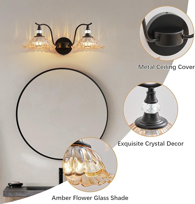 Vintage Bathroom Vanity Light Fixtures - 2 Light Antique Matte Black Bathroom Lights Fixture Over Mirror with Amber Flower Glass,Retro High End Wall-Mounted Vanity Lighting for Bath Powder Room