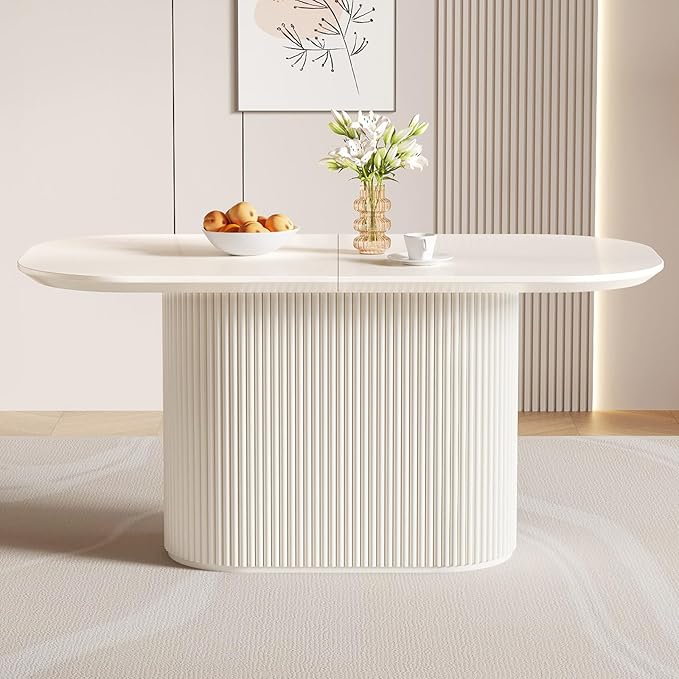 62.99 Inch Rectangular Dining Table for 4-6 People, Modern Mid Century Kitchen Dining Room Table with Pedestal Base,Cream White Family Safe Dining Furniture for Apartment Home