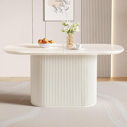 Miuuod 62.99" Large Modern Dining & Kitchen Table Set,with 4 Cushion Chairs for 6-8,Long Oval Side,Space-Saving for Dining Room,Kitchen Island,Cream White