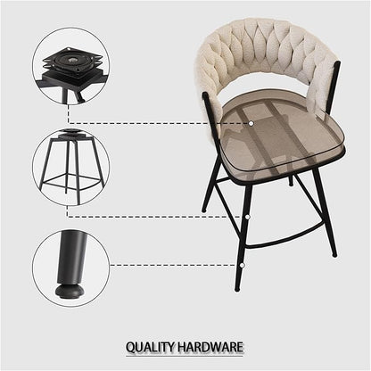 26" Linen Woven Bar Stool Set of 2,Black Legs Barstools No Adjustable Kitchen Island Chairs,360 Swivel and Counter Stool Arm Chairs with Back Footrest (White),for Living Room