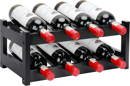 Bamboo Wine Rack, 2-Tier 8 Bottles Wine Storage Cabinet Shelf, Easy-Assembly Freestanding Bamboo Wine Racks Countertop for Kitchen Pantry Dining Room Bar, Black