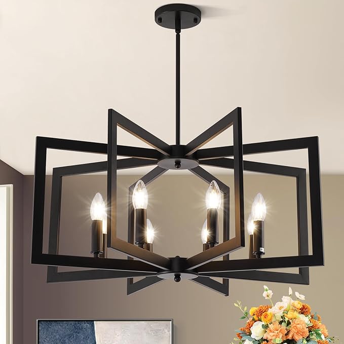 27.6" Modern Black Chandelier for Dining Room, 8-Light Farmhouse Dining Room Light Fixture Over Table, Industrial Metal Hanging Pendant Lights for Kitchen Island, Living Room, Bedroom, Foyer, Entryway