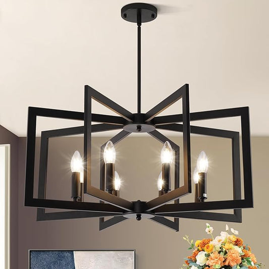 27.6" Modern Black Chandelier for Dining Room, 8-Light Farmhouse Dining Room Light Fixture Over Table, Industrial Metal Hanging Pendant Lights for Kitchen Island, Living Room, Bedroom, Foyer, Entryway
