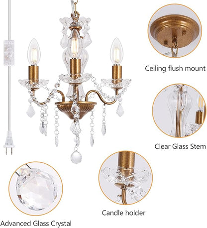Plug in Chandelier with Glass Crystals, 3-Light Vintage Gold Miniature Crystal Chandelier, Modern Pendant Light for Small Spaces, Bedroom Kitchen Island Entryway Covered Patio, E12 Base