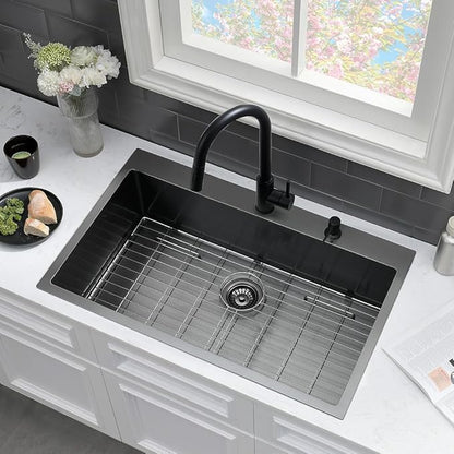 33 Black Kitchen Sink with Faucet Combo-VASOYO 33 x 22 Drop In Kitchen Sink Top Mount Black Stainless Steel Deep Single Bowl Over Mount Sinks with Faucet Combo Set