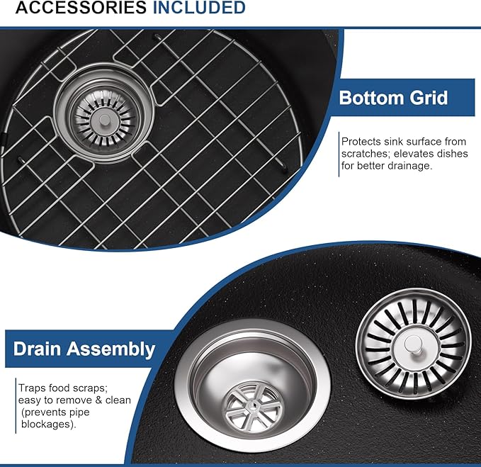 Mocoloo 18 Inch Round Bar Sink Undermount - Black Granite Composite Quartz Prep Sinks Small Kitchen Sink for Island or RV