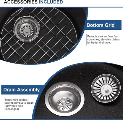 Mocoloo 18 Inch Round Bar Sink Undermount - Black Granite Composite Quartz Prep Sinks Small Kitchen Sink for Island or RV