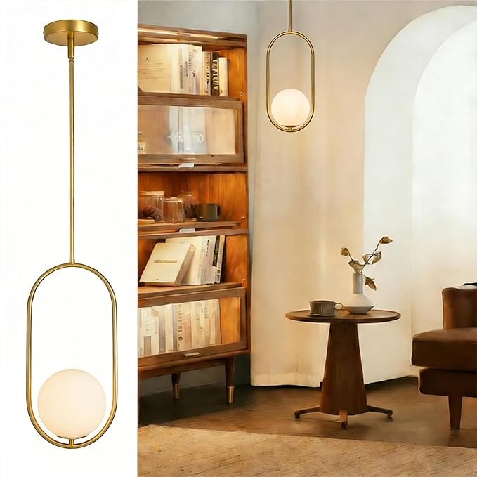 Modern Gold Oval Pendant Light with Opal Glass Globe, Single Island Light for Kitchen, Adjustable Height Gold Pendant Fixture for Dining Room, Bedroom, Entryway, Hardwired (1, Gold)