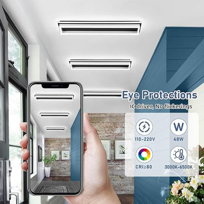 Dimmable Led Ceiling Light with Remote Control 31.5in Modern Linear Flush Mount Ceiling Lighting Fixture Acrylic Long Ceiling Lamp for Living Room Kitchen Dining Room Hallway (Black&White)