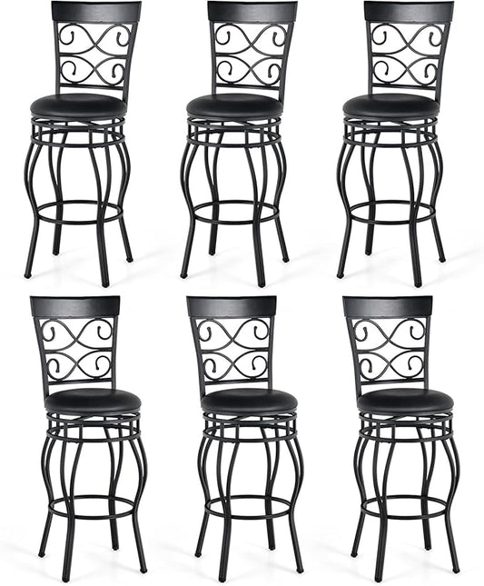 WATERJOY Black Bar Chairs Set of 6, 361 Degree Swivel Padded Bar Stools Leather Seat Bistro Dining Kitchen Pub Metal Chairs