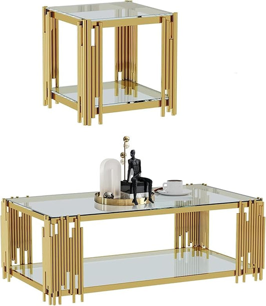 Henf Modern Glass Coffee Table Set with Storage Shlef 2 Piece Gold Living Room Tables Set Including Coffee End Tables Set,Stainless Steel Frame, Tempered Glass Top for Living Room Home Office