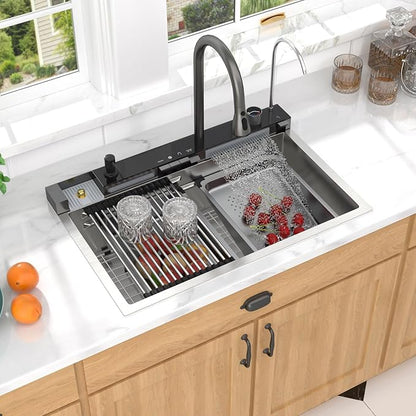 Smart Waterfall Kitchen Sink 30 Inch, Drop In Stainless Steel Single Bowl Workstation Sink with Pull-Down Faucet, Cup Washer & Multi-Function Spray #TLWF-0025