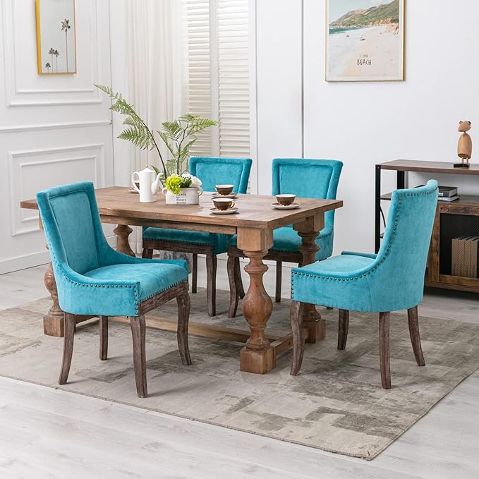 2 Pieces Dining Chair, Ergonomic Bar Chairs, Thickened Fabric Chairs with Neutral Toned Solid Wood Legs, Bronze Nail Head Accent, Sturdy Structure, Soft Comfort, for Living Room Dining Room, Blue