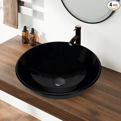 YIMAI Black Glass Vessel Sink 16.5" x 16.5" x 5.5" – Tempered Glass Above Counter Round Bathroom Sink Bowl Countertop Modern Sinks with Faucet and Drain Combo, Easy Install for Master or Powder Room