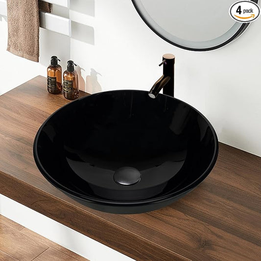 YIMAI Black Glass Vessel Sink 16.5" x 16.5" x 5.5" – Tempered Glass Above Counter Round Bathroom Sink Bowl Countertop Modern Sinks with Faucet and Drain Combo, Easy Install for Master or Powder Room