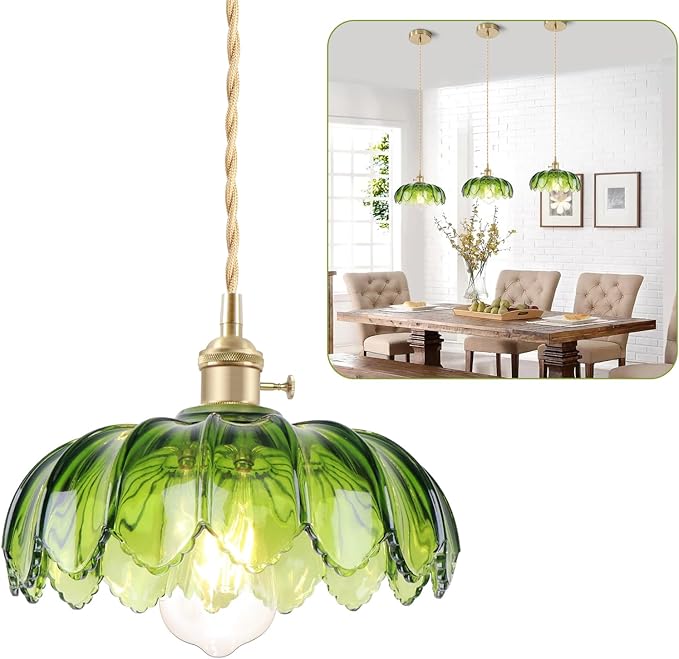Vintage Pendant Light Green Mid Century Modern Pendant Light with Hand Blown Glass Shade Nordic Style 10" Gold1-Light Farmhouse Chandelier Ceiling Hanging Light fixtures for Dining Room Bedroom