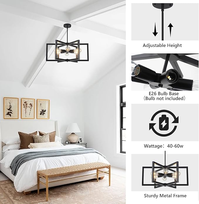 Modern Farmhouse Chandelier, 23.6'' Large Black Chandelier Light Fixture Industrial Geometric Chandeliers for Dining Room Entryway Living Room Kitchen (6 Lights, E26)
