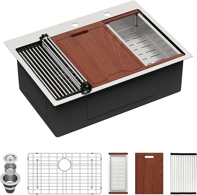 30 Inch Drop In Kitchen Sink, 16 Gauge 304 Stainless Steel 30x22 Drop In Ledge Workstation Sink, Topmount Single Bowl Basin Handmade Sink Above Counter, 30''x22''x10''