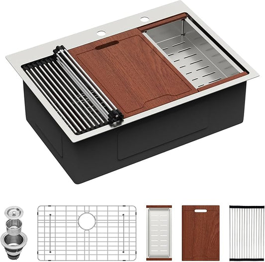30 Inch Drop In Kitchen Sink, 16 Gauge 304 Stainless Steel 30x22 Drop In Ledge Workstation Sink, Topmount Single Bowl Basin Handmade Sink Above Counter, 30''x22''x10''