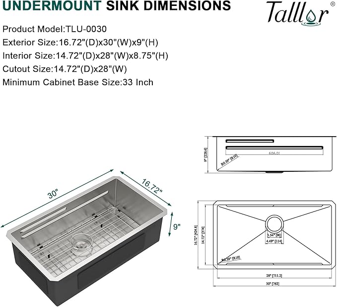 30 Inch Undermount Kitchen Sink, 16 Gauge 304 Stainless Steel Single Bowl Workstation Sink with Cutting Board, Colander, Wash Basin, Drying Rack & Bottom Grid #TLU-0030