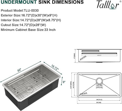30 Inch Undermount Kitchen Sink, 16 Gauge 304 Stainless Steel Single Bowl Workstation Sink with Cutting Board, Colander, Wash Basin, Drying Rack & Bottom Grid #TLU-0030