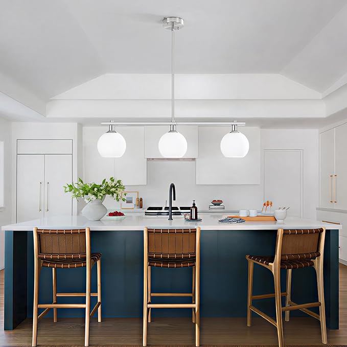 Modern Kitchen Island Lighting 3 Light Brushed Nickel Chandelier With Milk Glass Shades Farmhouse Linear Chandeliers for Dining Room Light Fixtures Over Table Hanging Pendant Lights for Living Room